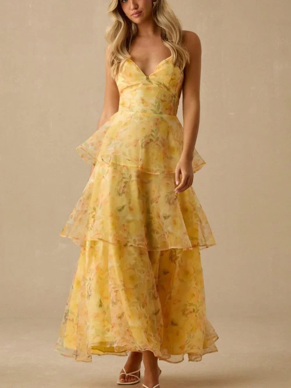 Yellow  Women's Romantic Floral Print Spaghetti Strap Ruffled Hem Maxi Dress - Picture 4 of 7